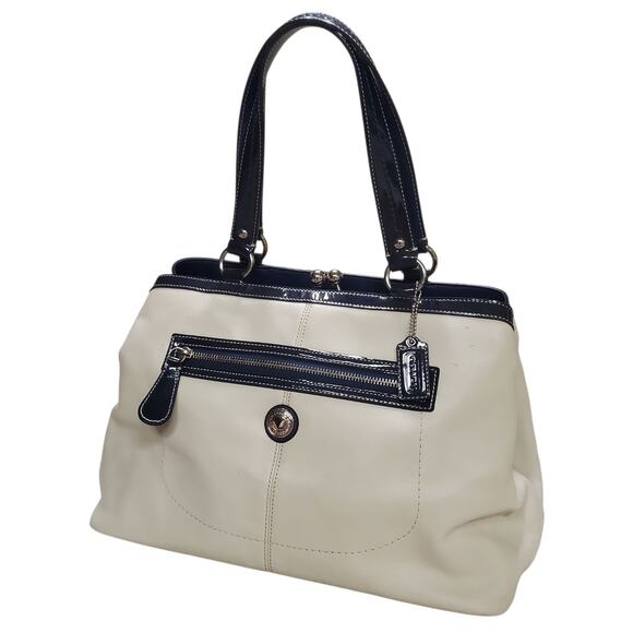 Coach Laura Leather Caryall Handbag Bone Navy Trim Kisslock Center Pouch - Picture 1 of 12